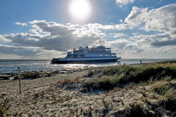 A view of the Cape May - Lewes Ferry from Sunset Beach in Cape May as she sails on Delaware Bay