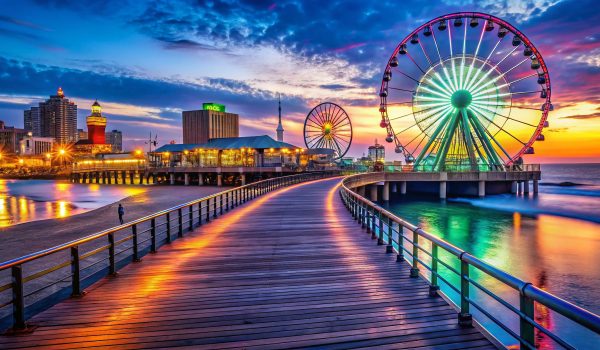 Scenic Views of Atlantic City Boardwalk Featuring Vibrant Lights and Beautiful Ocean Backgrounds