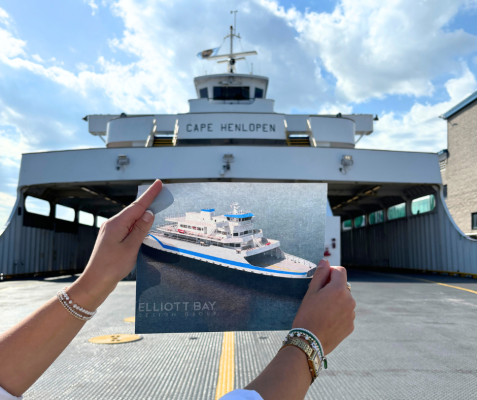 The future ferry design is here and held up in from of an existing ferry for contrast